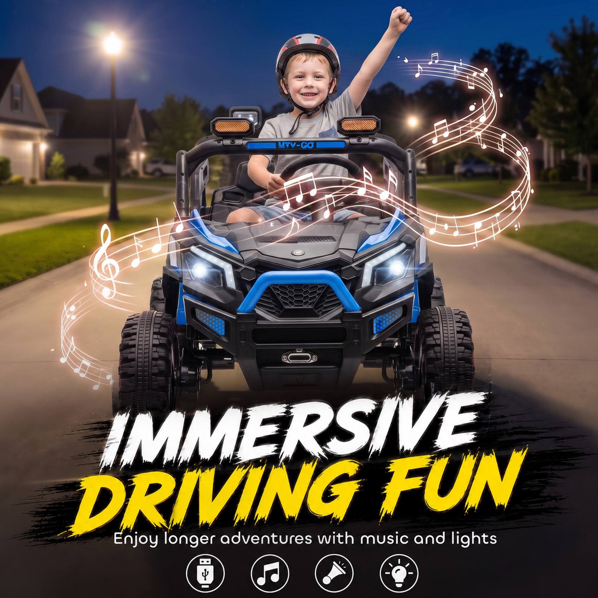 IMMERSIVE FUN DRIVING  
Enjoy longer adventures with music and lights