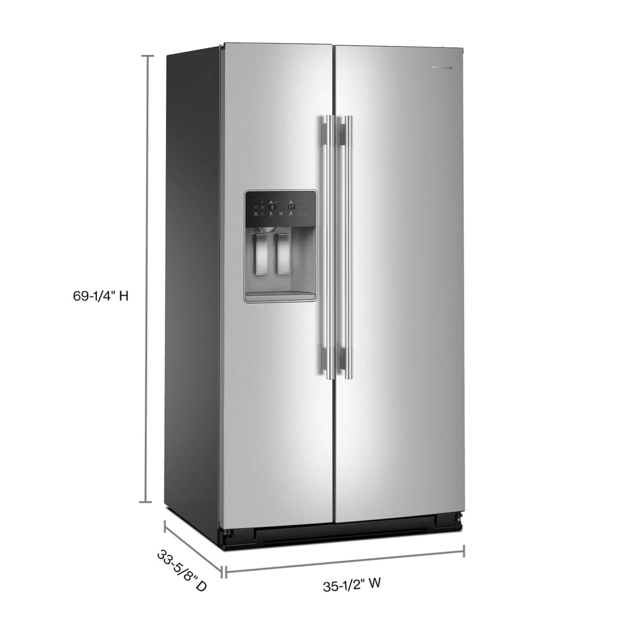 The text on the image reads "69-1/4" H 33-5/8" D 35-1/2" W." This information indicates the height, depth, and width of the refrigerator. The height is 69-1/4 inches, the depth is 33-5/8 inches, and the width is 35-1/2 inches.