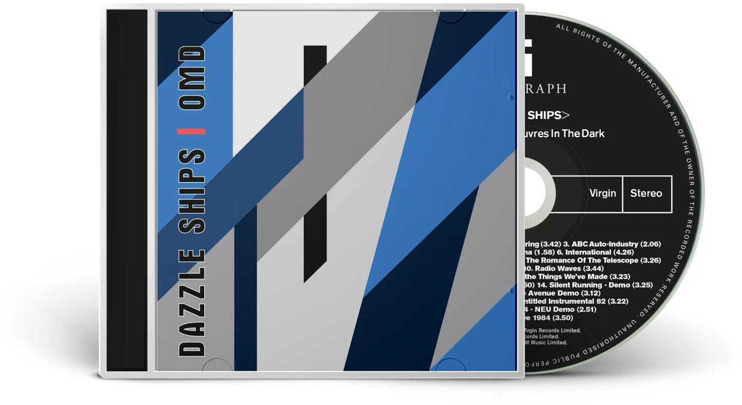 OMD  
DAZZLE SHIPS

SHIPS  
Journeys In The Dark

Virgin  
Stereo

1. Ring (3.42)  
2. ABC Of The Auto-Industry (3.26)  
3. The Romance Of The Telescope (4.26)  
4. Radio Waves (3.44)  
5. The Things We've Made (3.23)  
6. Silent Running Demo (3.25)  
7. Avenue Demo (3.12)  
8. Untitled (3.22)  
9. NEU Instrumental (3.50)  
10. Demo (2.51)  
11. e (3.50)  
12. 1984 (3.50)

All rights of the manufacturer and owner are reserved.  
© 1984 Virgin Records Limited.  
© 1984 Virgin Music Limited.  
© 1984 Virgin Records Limited.  
© 1984 Virgin Music Limited.  
© 1984 Virgin Records Limited.  
© 1984 Virgin Music Limited.  
© 1984 Virgin Records