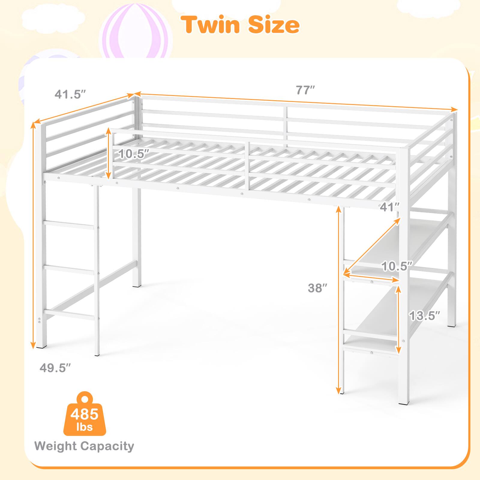 Twin Size  
41.5" x 77" x 10.5" x 41" x 10.5" x 38" x 13.5" x 49.5"  
485 lbs Weight Capacity
