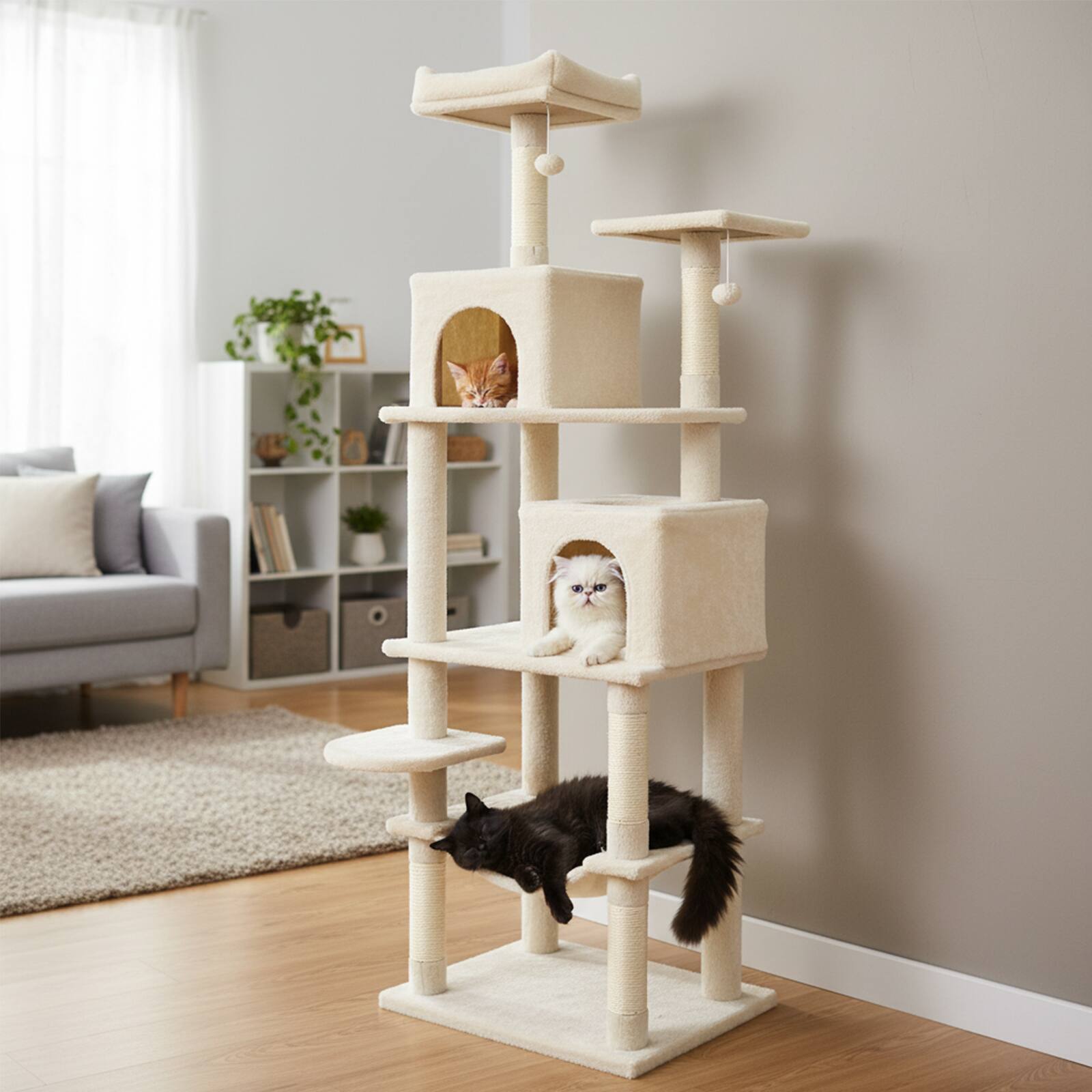 Alt View 1. Costway - Costway 70" Cat Tree for Indoor Cats with Padded Top Perch, Dual Condos, Hammock, Platforms - Beige.