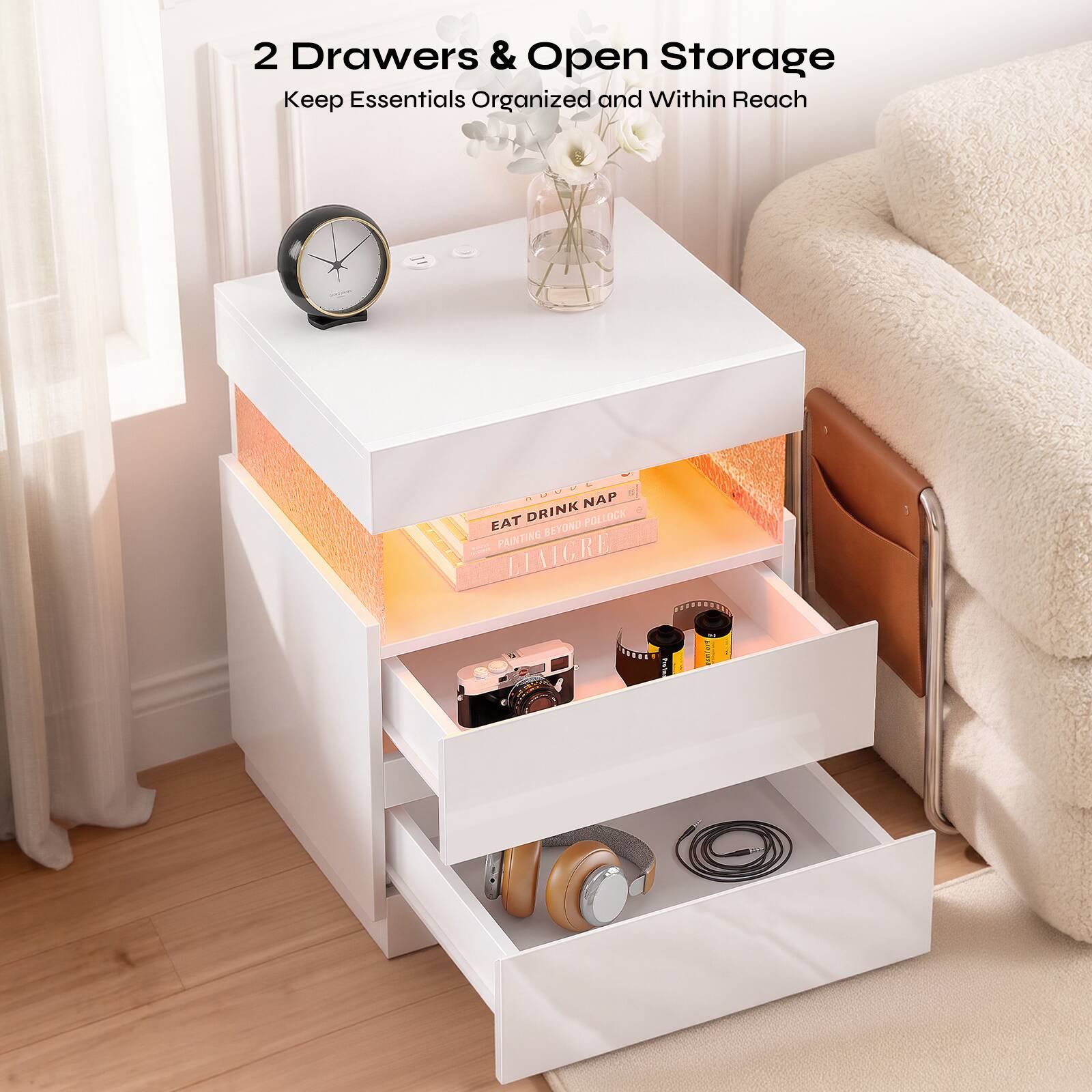 2 Drawers & Open Storage  
Keep Essentials Organized and Within Reach