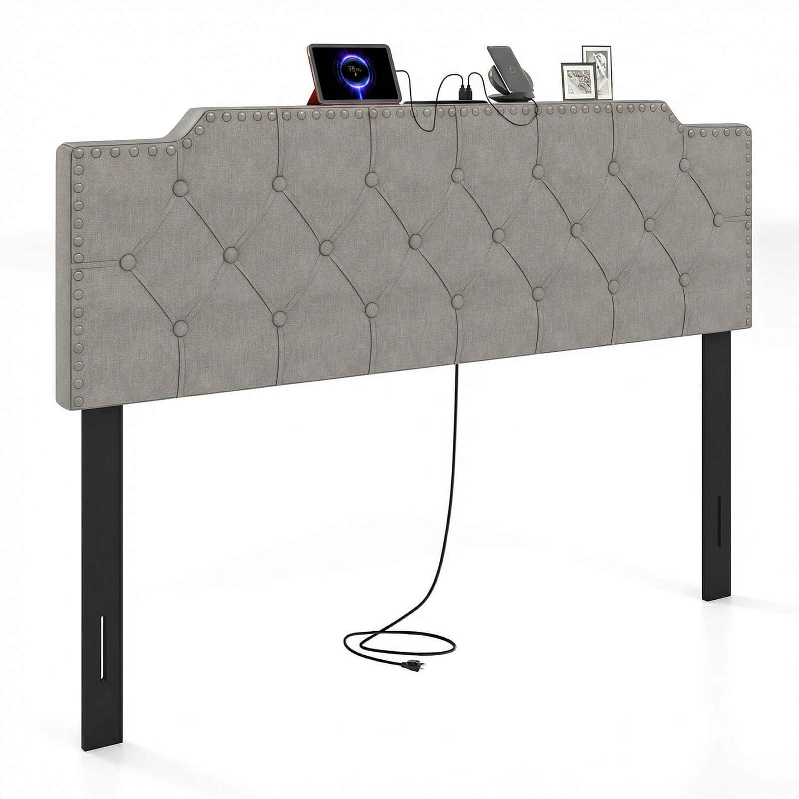 Costway - Headboard for Queen and Full Size Bed, Rivet Tufted Upholstered Head Board - Gray