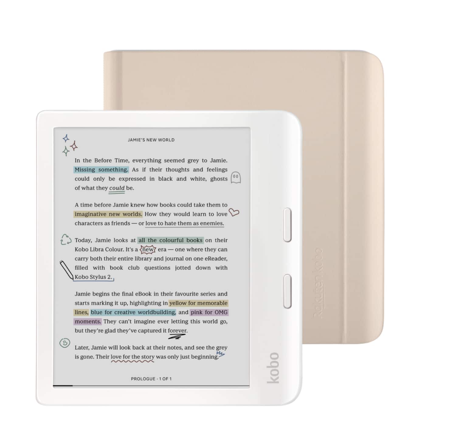 Kobo - Libra Colour eReader (White) with Bundle - 2024 - Sand Beige Notebook SleepCover