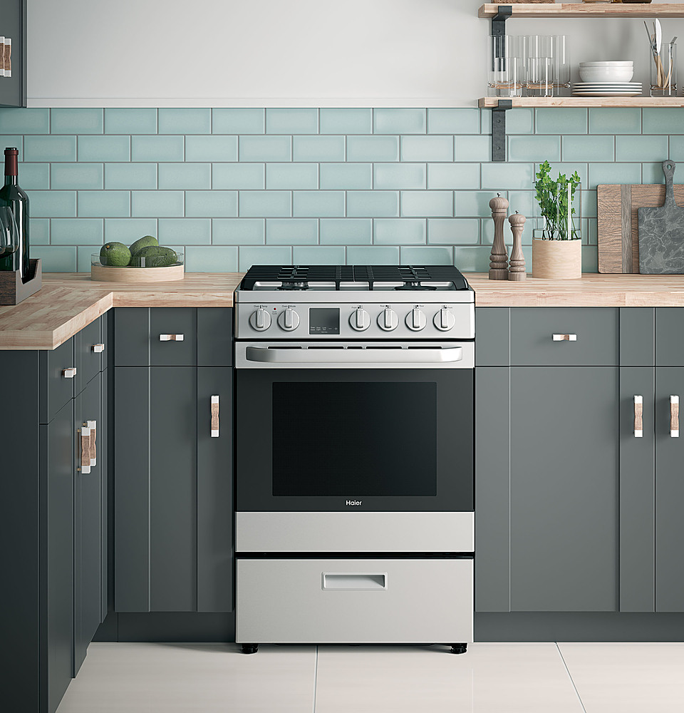 Left View: Haier - 2.9 Cu. Ft. Slide-In Gas Convection Range - Stainless steel