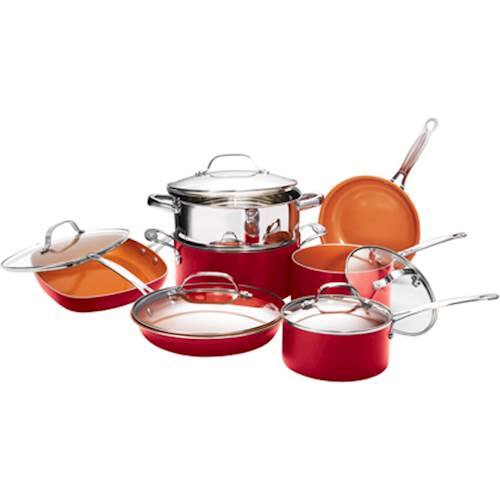 Angle. Gotham Steel - Ti-Cerama 12-Piece Kitchen and Cookware Set - Great Red.