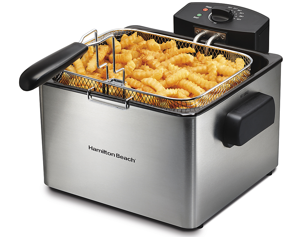Left View: Hamilton Beach - 12 Cup Professional-Style Deep Fryer with 2 Baskets - Silver/Black