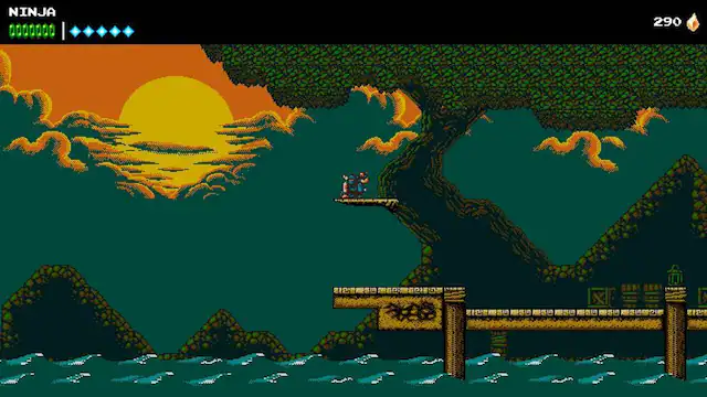 The image shows a video game scene with a ninja character standing on a bridge over a river. The ninja is holding a sword, and there is a sunset in the background. The game is set in a dark environment, with the sunset casting a warm glow over the scene. The ninja appears to be the main focus of the image, and the game seems to be a mix of action and adventure elements. - E10+ (Everyone 10+)