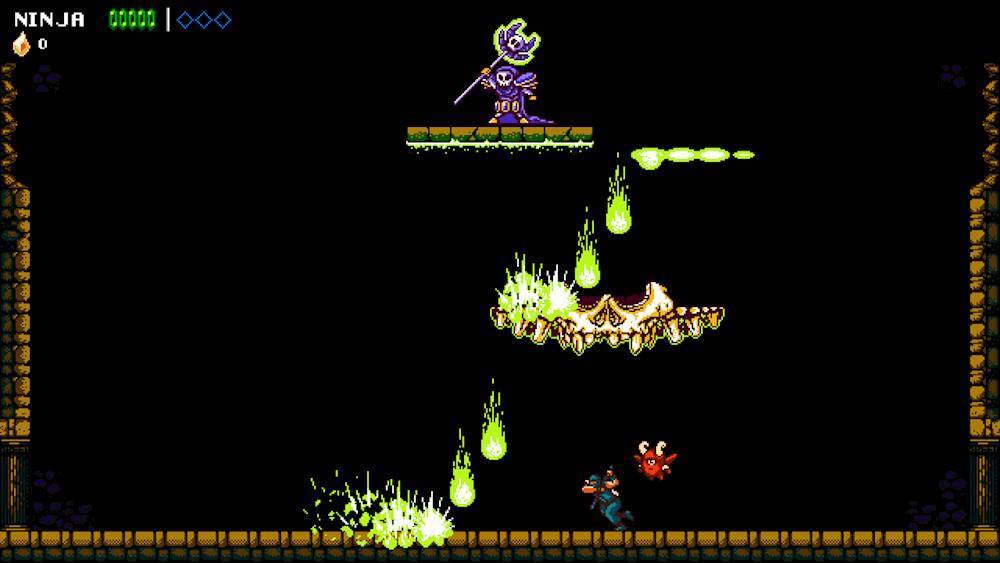 The image features a game with a ninja character and a purple demon. The ninja is holding a sword, and the demon is shooting green fire at the ninja. The game appears to be a side-scrolling action game, with the ninja and the demon engaging in a battle. The ninja is positioned on the left side of the image, while the demon is on the right side. The scene is set in a dark environment, adding to the intensity of the game.