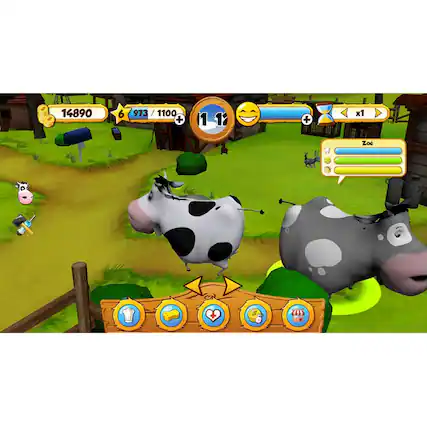 The image features a game with two cows standing in a field. The game is set in a farm environment, and the cows are the main focus of the scene. The cows are standing next to each other, and there are also a few other animals in the background. The game appears to be a simulation or a virtual environment where players can interact with the cows and the farm setting. - E (Everyone)