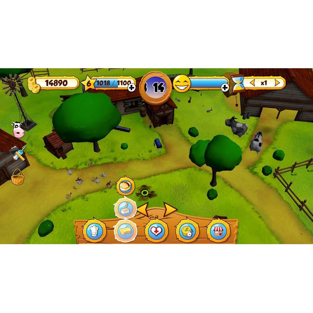 The image shows a game with a score of 14890, which is the largest text in the image. The game is set in a farm environment with a green field, a barn, and a tree. There are also several cows in the scene, with one of them being a part of the game. The game appears to be a farm-themed game, possibly involving tasks such as milking cows or managing farm resources.