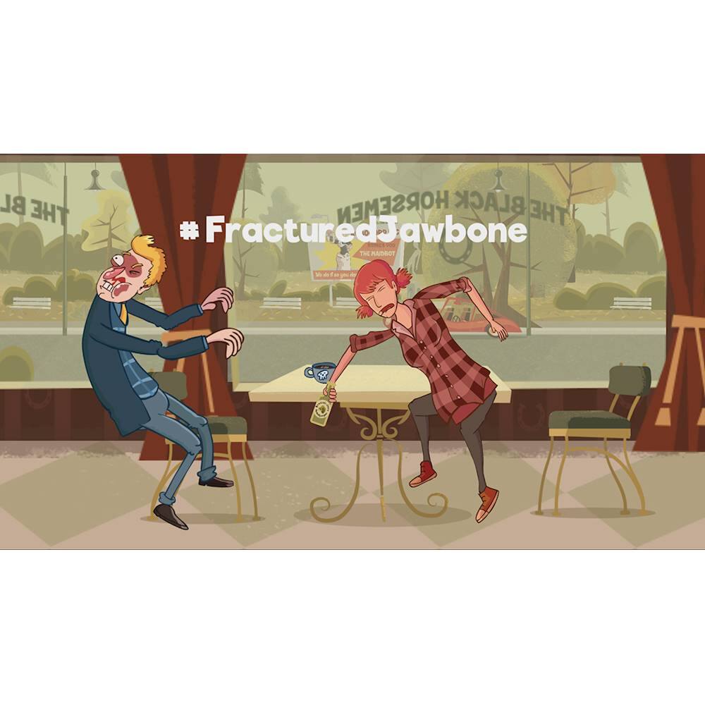 The image features a man and a woman standing in a restaurant, with the woman holding a bottle. The man is wearing a tie, and they seem to be enjoying their time together. The scene is set in a dining area with multiple chairs and dining tables.

Based on the image, the text "Fractured Jawbone" is likely a reference to a comic or a movie, as it does not seem to be directly related to the scene. The text "BL THE HORSEMEN BL THE # FracturedJawbone THE nABO" is also unrelated to the image and does not provide any context or information about the scene.