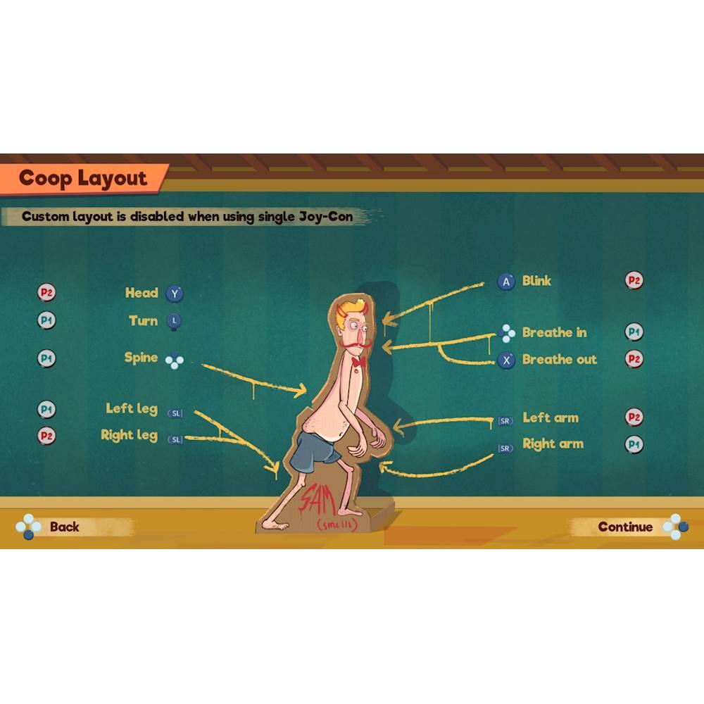 Coop Layout: Custom layout is disabled when using single Joy-Con. P1 Head Y A Blink P1 P2 Turn 1 Breathe in P1 P1 Spine x Breathe out P2 P1 P2 Left leg Right leg SL SR Left arm Right arm P2 P1 Back (smell) Continue.
