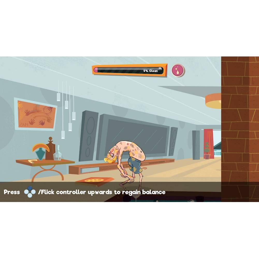 The image features a cartoon character, possibly a monkey, hanging from a rope or a pole. The character is in a precarious position, and the player needs to press the flick controller upwards to regain balance. The scene takes place in a room with a dining table and a chair.