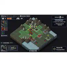 The image shows a video game with a map and a group of units, including a cannon and a mech, on the screen. The game is set in a mountainous area with a river running through it. The game is in progress, and the player is currently on turn 2. The game features a victory in 2 turns bonus objective, which requires the player to defend the artillery unit and protect the power generator. The player has a cannon and a mech unit at their disposal, and they are currently on the ground tile.