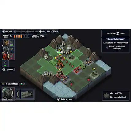 The image shows a video game with a map and a group of units, including a cannon and a mech, on the screen. The game is set in a mountainous area with a river running through it. The game is in progress, and the player is currently on turn 2. The game features a victory in 2 turns bonus objective, which requires the player to defend the artillery unit and protect the power generator. The player has a cannon and a mech unit at their disposal, and they are currently on the ground tile. - E10+ (Everyone 10+)