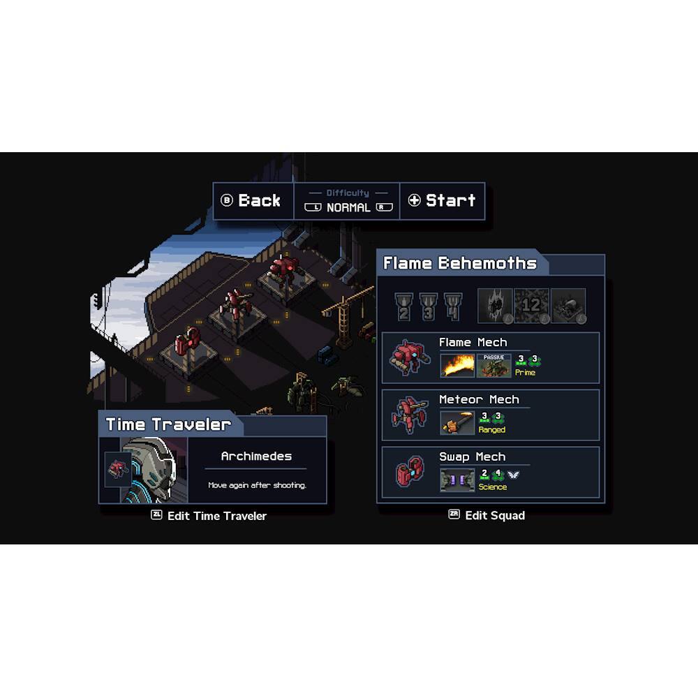 The image displays a menu screen with various options for a video game. The largest text reads "Start Flame Behemoths," which is a part of the game's difficulty settings. The game offers different difficulty levels, including Normal, which is the default setting. The player can choose to increase the difficulty for a more challenging experience.

In addition to the difficulty settings, the menu screen also features a list of characters or units that the player can use in the game. These characters include the Time Traveler, Flame Mech, Archimedes, and Swap Mech. The player can select and edit their desired characters or units to create a balanced and effective team for the game.