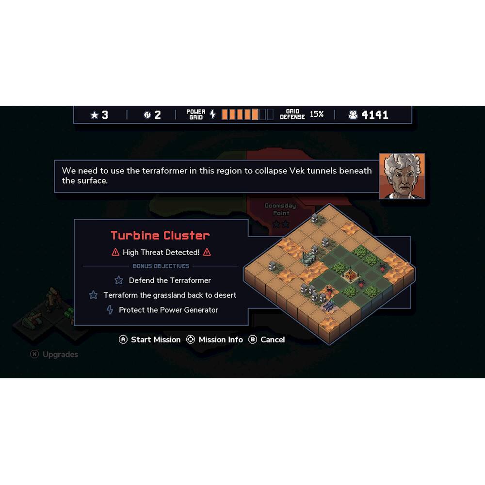 The image shows a video game with a map and a mission objective. The mission objective is to use the terraformer to collapse Vek tunnels beneath the surface. The game also features a Turbine Cluster with a high threat detected. The player needs to defend the terraformer and protect the power generator. The game has a start mission and mission information, and there are upgrades available.