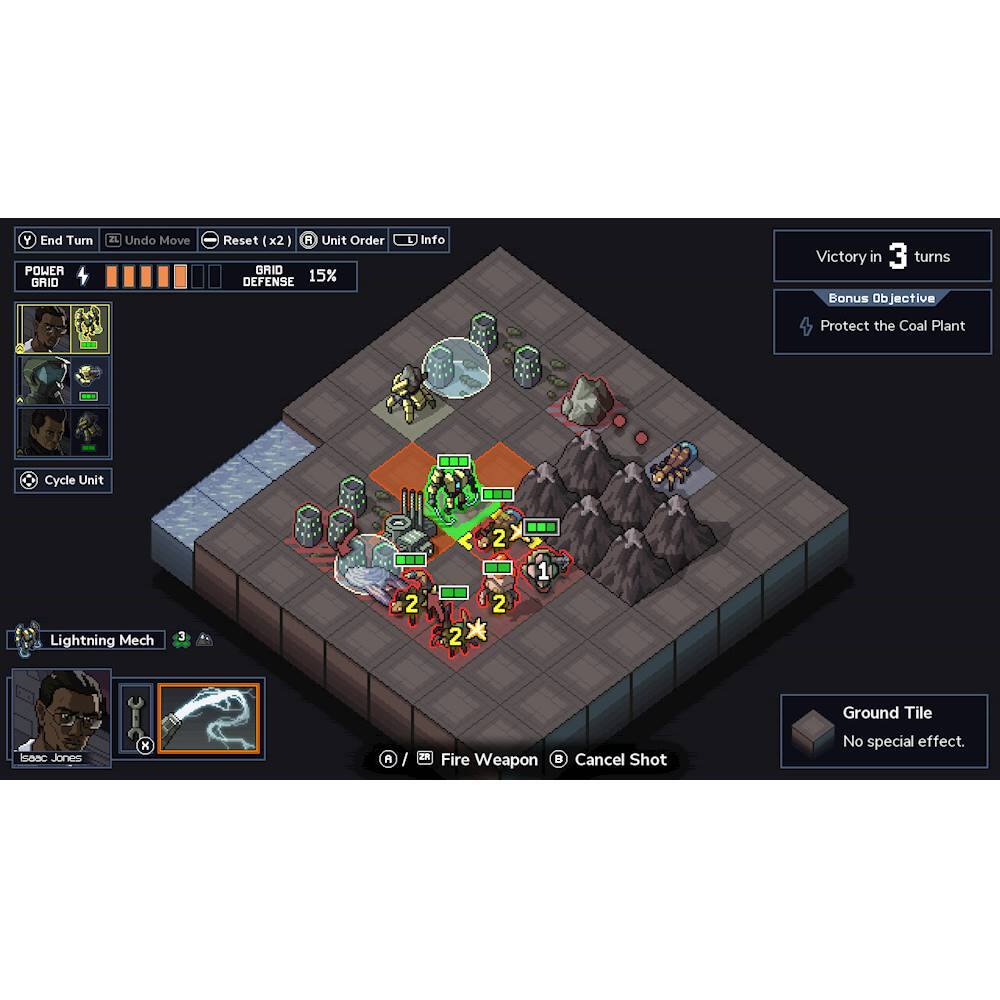 The image shows a video game with a battle taking place on a grid. There are various units, including a Lightning Mech, engaged in the fight. The game displays the current status of the units and the game's objectives. The player has to protect the Coal Plant within three turns to achieve victory. The game also features a bonus objective to protect the Coal Plant. The player has a unit called Isaac Jones, which is equipped with a Fire weapon. The game's interface includes options to undo moves, reset the game, and view unit information.