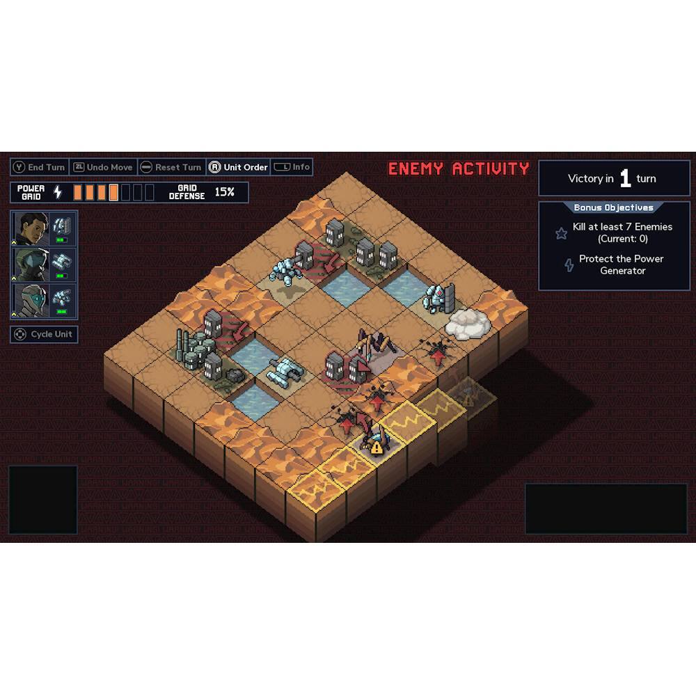 The image displays a video game screen featuring a battle scene with various units and enemies. The game is set in a desert environment, and there are multiple units on the battlefield, including tanks and other military vehicles. The game is currently in the "Enemy Activity" phase, with the objective to defeat the enemy and win the game within one turn. The player has a power generator unit to protect, and there are several enemy units to contend with. The game is likely a strategy or tactical game that requires careful planning and coordination to succeed.