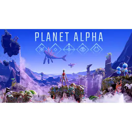 The image features a video game called Planet Alpha, which is set in a vibrant and colorful world. The game's main character is a woman standing on a cliff, surrounded by various creatures and elements. The scene is filled with a diverse range of objects, including a bird, a fish, and a few other creatures. The overall atmosphere of the game appears to be exciting and visually appealing, with a focus on exploration and adventure. - T (Teen 13+)