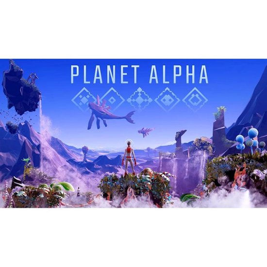 The image features a video game called Planet Alpha, which is set in a vibrant and colorful world. The game's main character is a woman standing on a cliff, surrounded by various creatures and elements. The scene is filled with a diverse range of objects, including a bird, a fish, and a few other creatures. The overall atmosphere of the game appears to be exciting and visually appealing, with a focus on exploration and adventure.