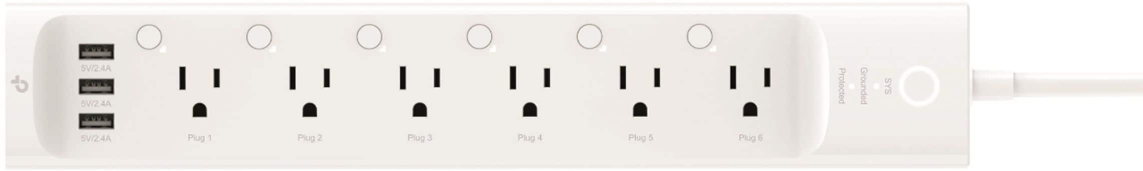 The text on the image reads: "5V/2.4A PUS 5V/2.4A PV Protected Grounded SYS 5V/2.4A Plug 1 Plug 2 Plug 3 Plug 4 Plug 5 Plug 6." The corrected text would be: "5V/2.4A PUS 5V/2.4A PV Protected Grounded SYS 5V/2.4A Plug 1 Plug 2 Plug 3 Plug 4 Plug 5 Plug 6."