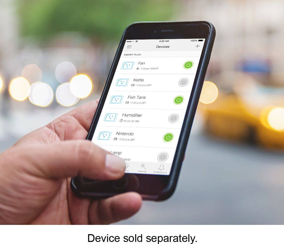 9:00 AM Devices 100% + SMART PLUG Fan P:00 pm 2/ Kettle 1.20 2/1 OFF Fish Tank 11:50 D OFF Humidifier 0020:00 ON Nintendo 11:30 pm OFF amp IPAT Sny Actons Notifications Device sold separately.