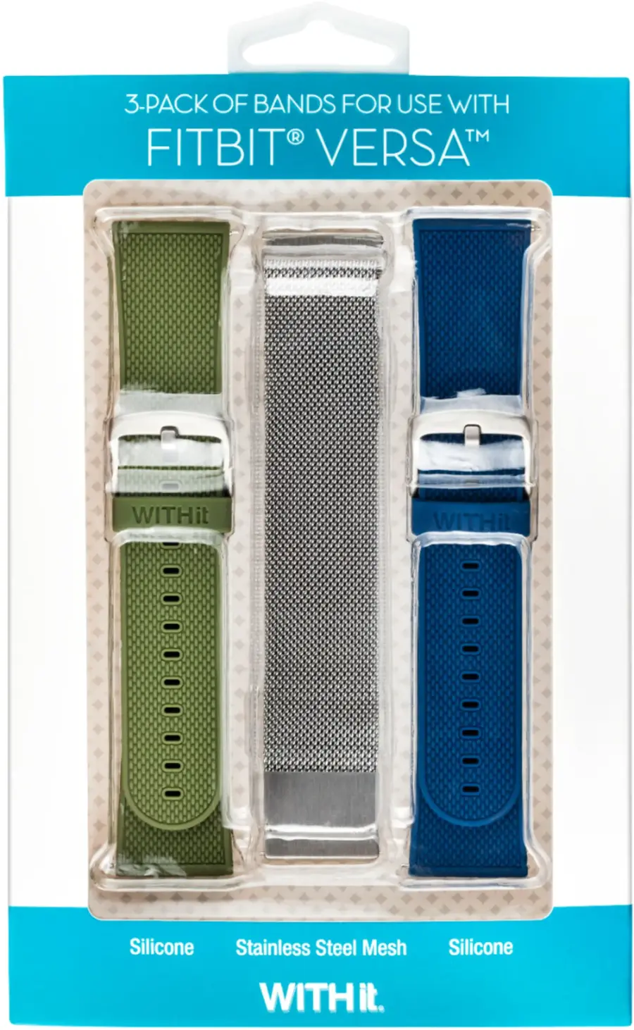 3-PACK OF BANDS FOR USE WITH FITBIT VERSATM WITHit - Silicone Stainless Steel Mesh Silicone WITH it.