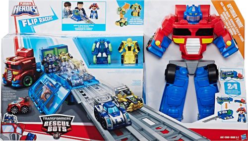 playskool heroes transformers rbt optimus prime race track trailer playset