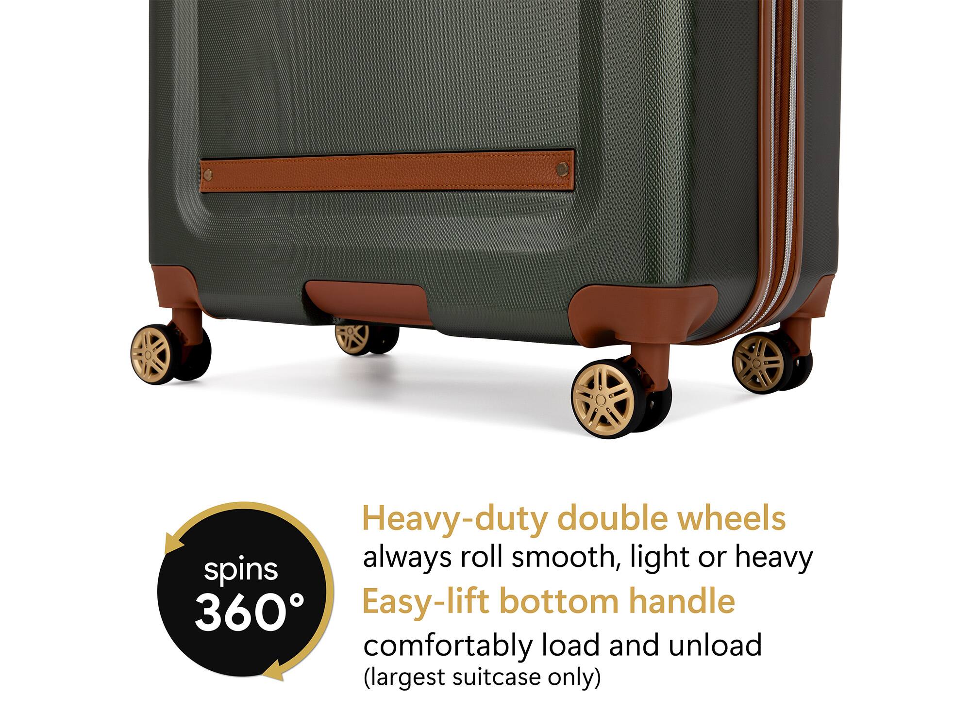 Heavy-duty double wheels always roll smooth, light or heavy
Easy-lift bottom handle comfortably load and unload (largest suitcase only)
spins 360