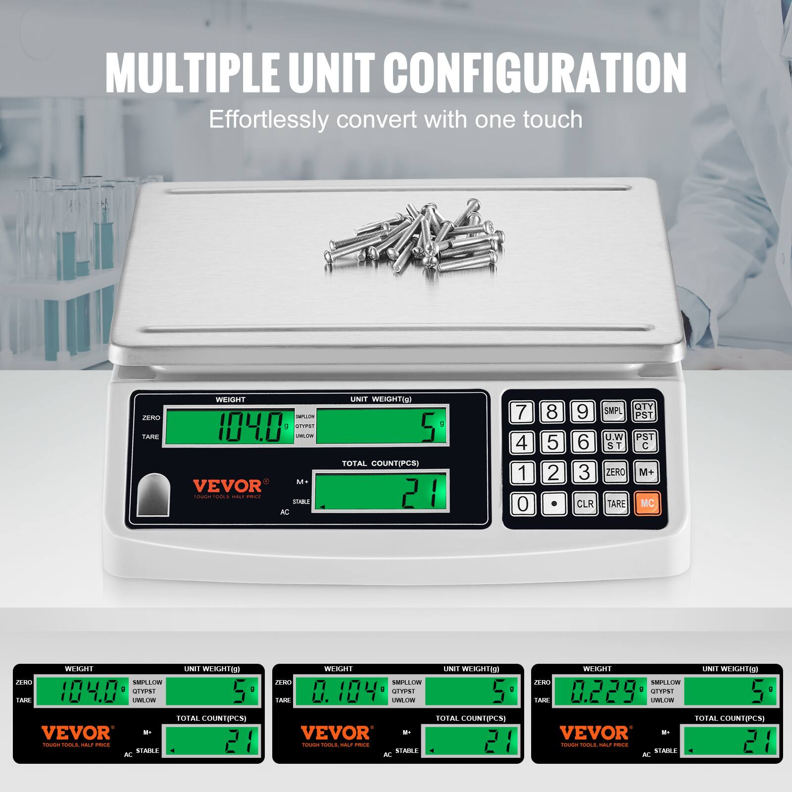 **MULTIPLE UNIT CONFIGURATION**  
Effortlessly convert with one touch

---

**VEVOR**  
TOUGH TOOLS, HALF PRICE

---

**WEIGHT**  
104.0  
UNIT WEIGHT(g)  
5  
TOTAL COUNT(PCS)  
21

---

**VEVOR**  
TOUGH TOOLS, HALF PRICE

---

**WEIGHT**  
104.0  
UNIT WEIGHT(g)  
5  
TOTAL COUNT(PCS)  
21

---

**VEVOR**  
TOUGH TOOLS, HALF PRICE

---

**WEIGHT**  
0.104  
UNIT WEIGHT(g)  
5  
TOTAL COUNT(PCS)  
21

---

**VEVOR**  
TOUGH TOOLS, HALF PRICE

---

**WEIGHT**  
0.229  
UNIT WEIGHT(g)  
5  
TOTAL COUNT(PCS)  
21