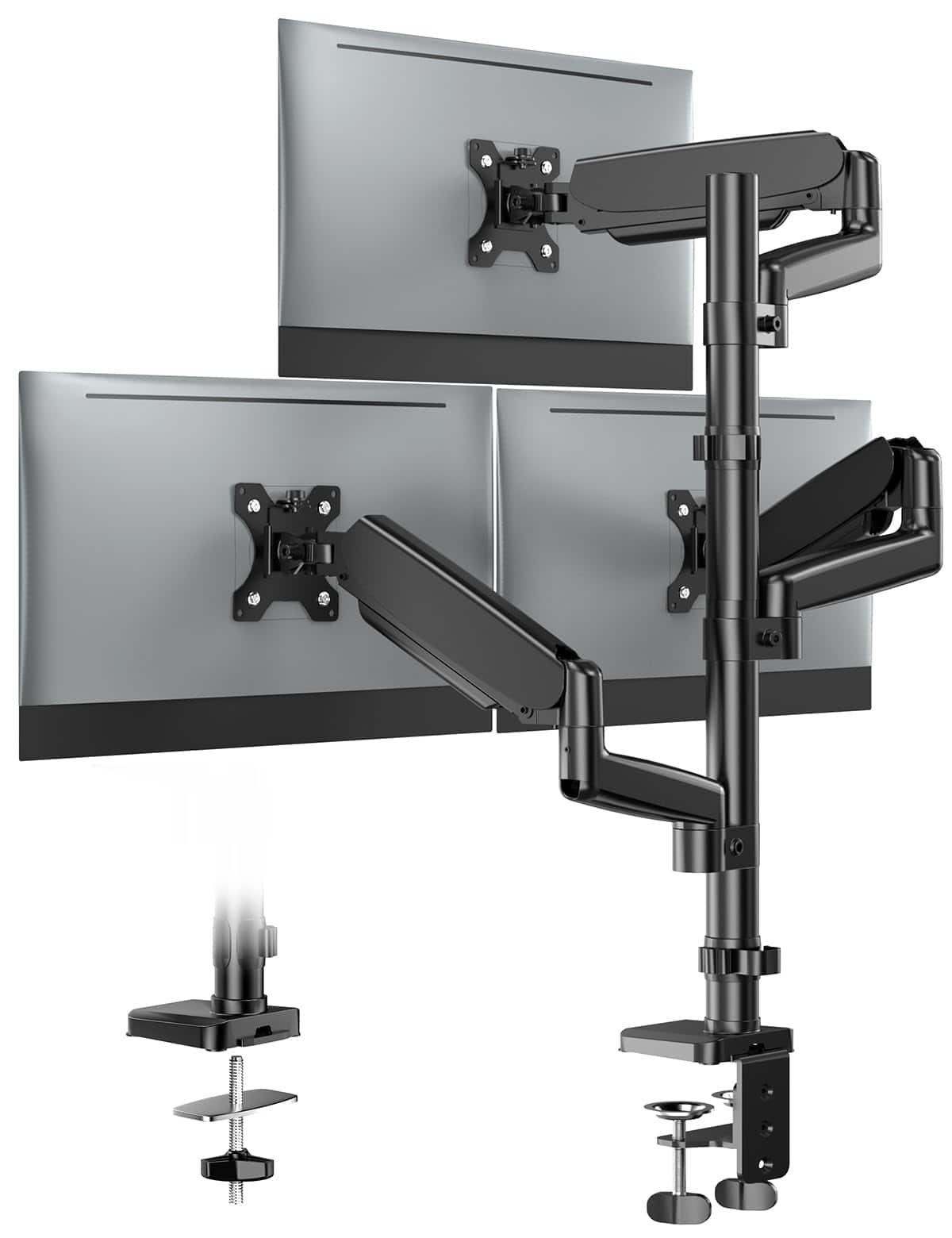 Family - Triple Monitor Gas Spring Mount 13-32" Tilt Swivel Clamp Grommet VESA 100x100mm - BLACK 17.6lbs