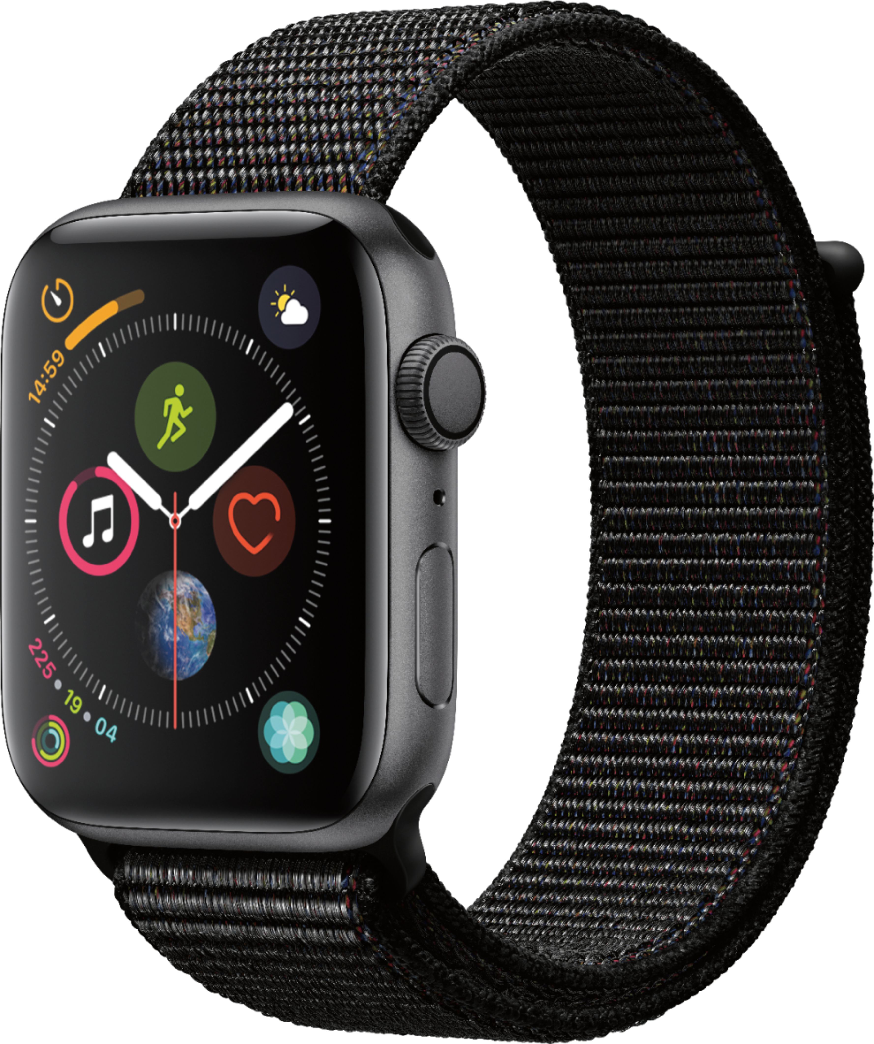Left. Apple - Geek Squad Certified Refurbished Apple Watch Series 4 (GPS) 44mm Space Gray Aluminum Case with Black Sport Loop - Space Gray Aluminum.