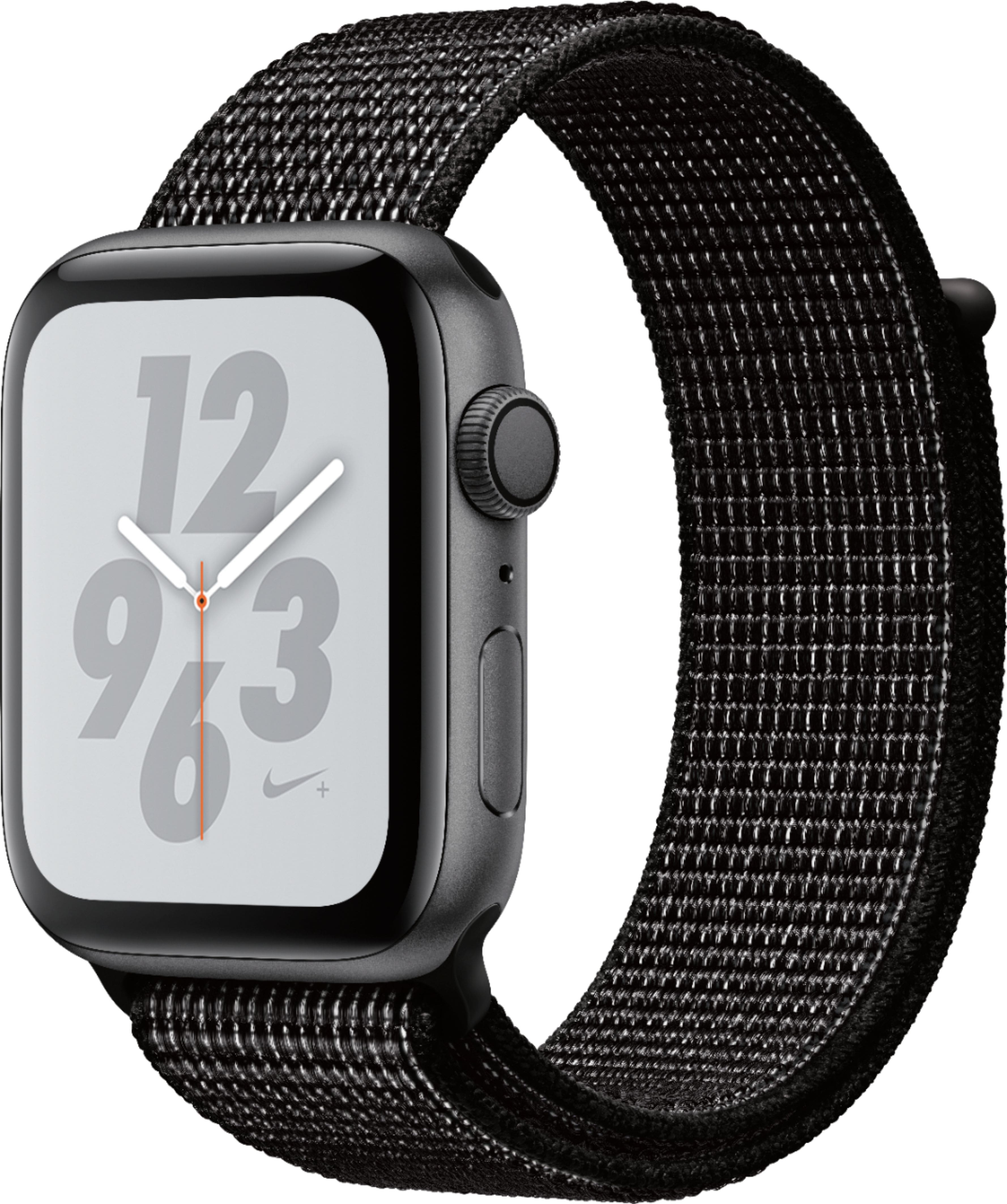 Left. Apple - Geek Squad Certified Refurbished Apple Watch Nike+ Series 4 (GPS) 44mm Aluminum Case w/Black Nike Sport Loop - Space Gray Aluminum.
