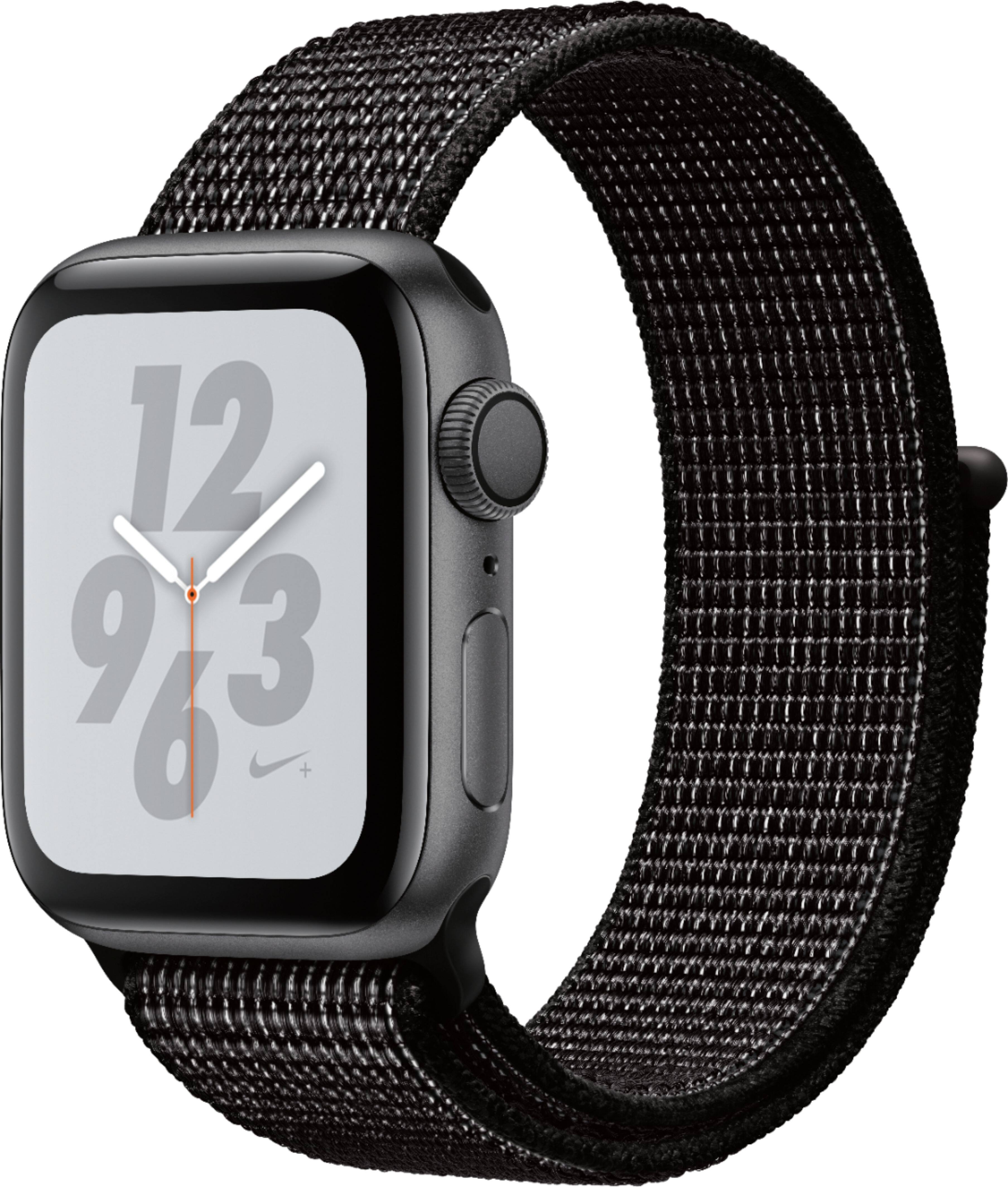 Left. Apple - Geek Squad Certified Refurbished Apple Watch Nike+ Series 4 (GPS) 40mm Aluminum Case with Black Nike Sport Loop - Space Gray Aluminum.