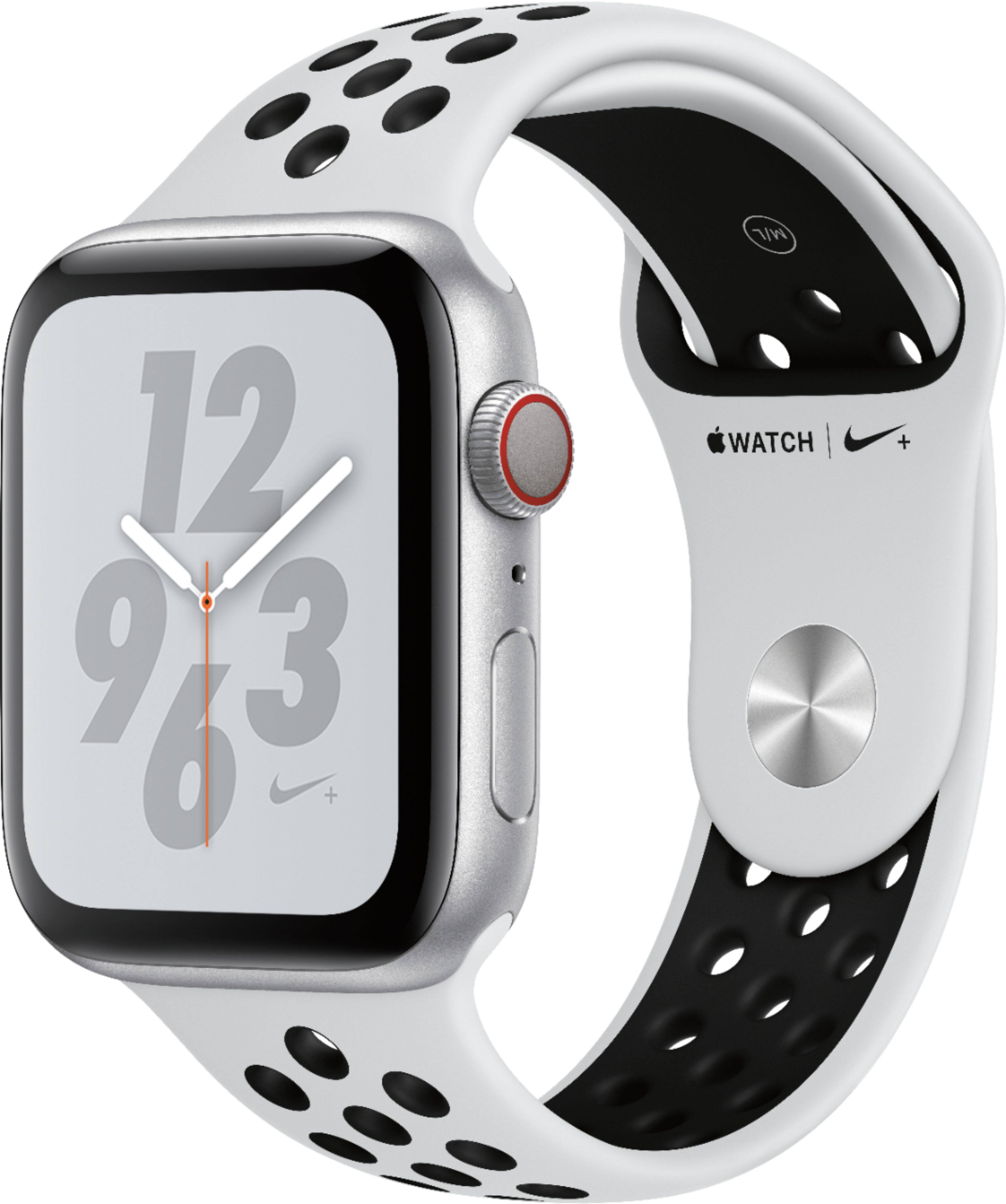 Left. Apple - GSRF Apple Watch Nike+ Series 4 (GPS + Cellular) 44mm Aluminum Case with Nike Sport Band - Silver Aluminum.