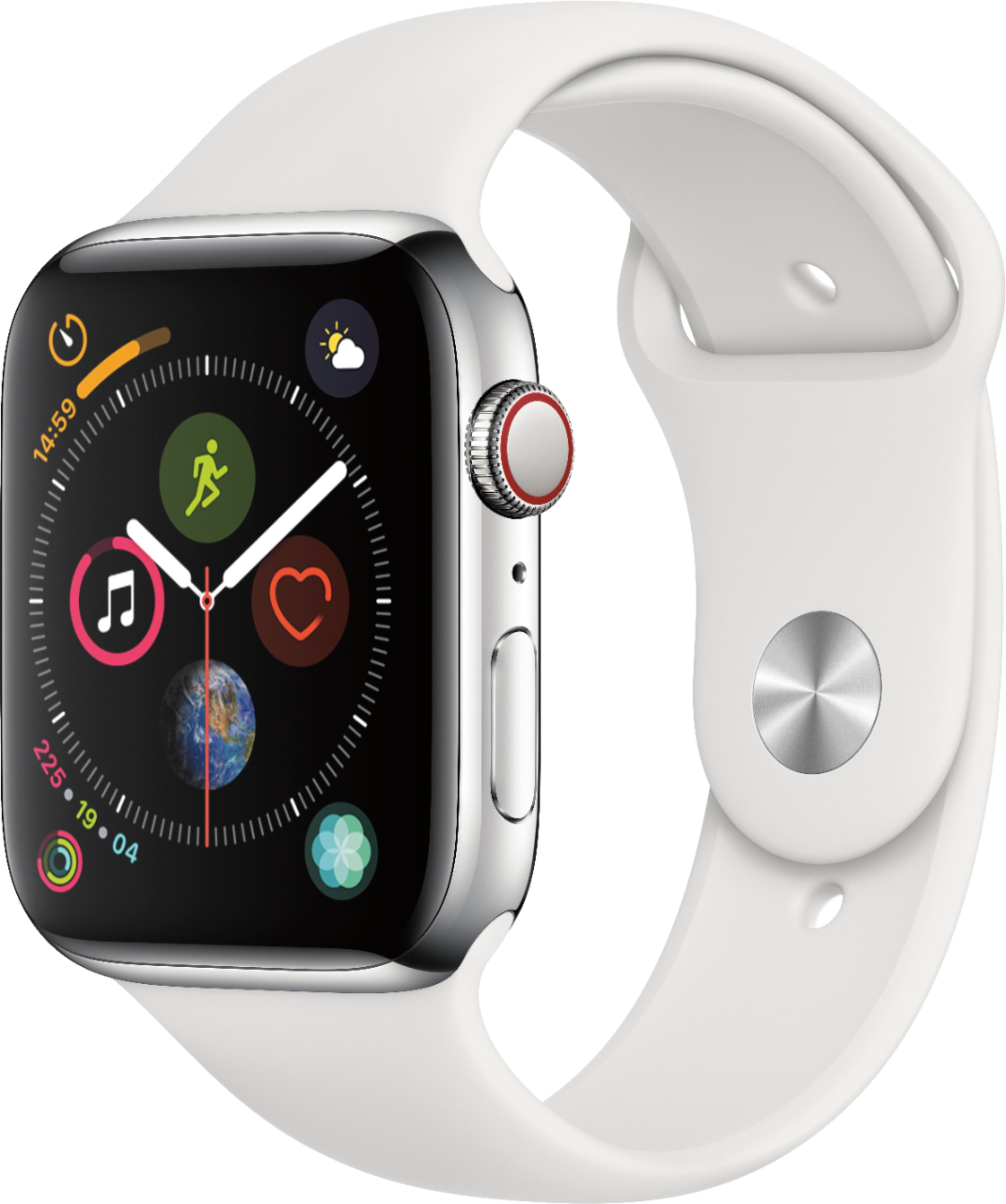 Geek Squad Certified Refurbished Apple Watch Series 4 (GPS + Cellular) 44mm Stainless Steel Case with White Sport Band - Stainless Steel