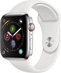 Geek Squad Certified Refurbished Apple Watch Series 4 (GPS + Cellular) 44mm Stainless Steel Case with White Sport Band - Stainless steel - Left_Zoom