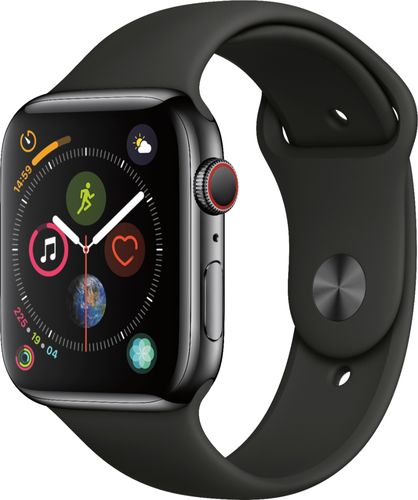 Geek Squad Certified Refurbished Apple Watch Series 4 (GPS + Cellular) 44mm Stainless Steel Case with Black Sport Band - Space Black Stainless Steel