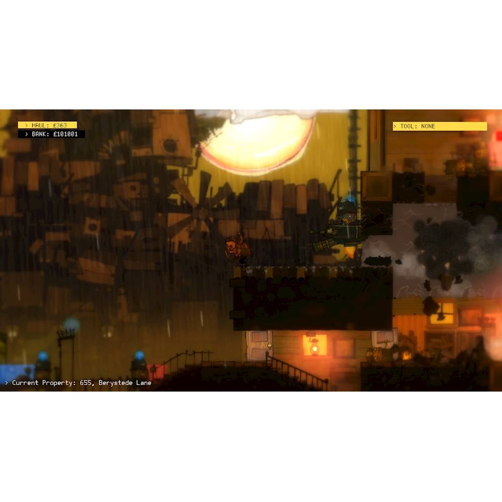 The largest text in the image is "Current Property: 655, Berystede Lane." The image depicts a video game with a sunset in the background, a cityscape, and a character standing on a bridge. The game appears to be set in a futuristic city, possibly during a rainy day. The character is likely in the middle of a mission or exploring the city.