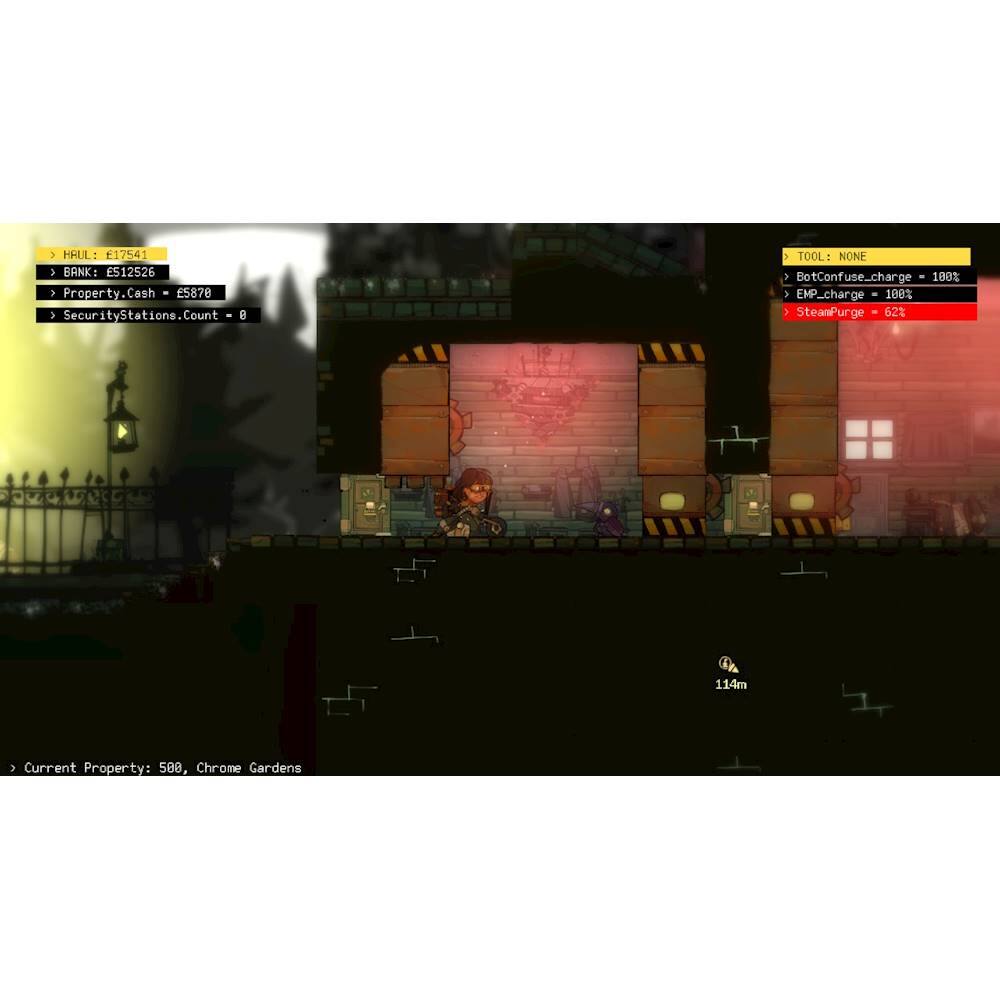 The largest text in the image reads "Current Property: 500, Chrome Gardens." The following text has been cleaned up:

> HRUL E17541  BANK ES12526 - Property.Cash Cash - ES870 1 SecurityStations.Count Count E  TOOL: NONE 1 BotConfuse_charge 100% 1 EMP P_charge 100% 1 SteamPurge 62% 114m