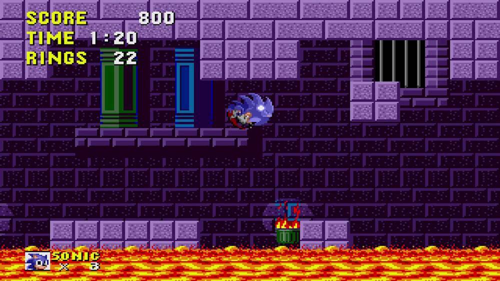 The image shows a video game character, Sonic the Hedgehog, running through a purple brick wall. The game is set in a dark, lava-filled environment, and the character is moving quickly through the area. The score in the game is 800, and the time is 1:20. The character has collected 22 rings so far.