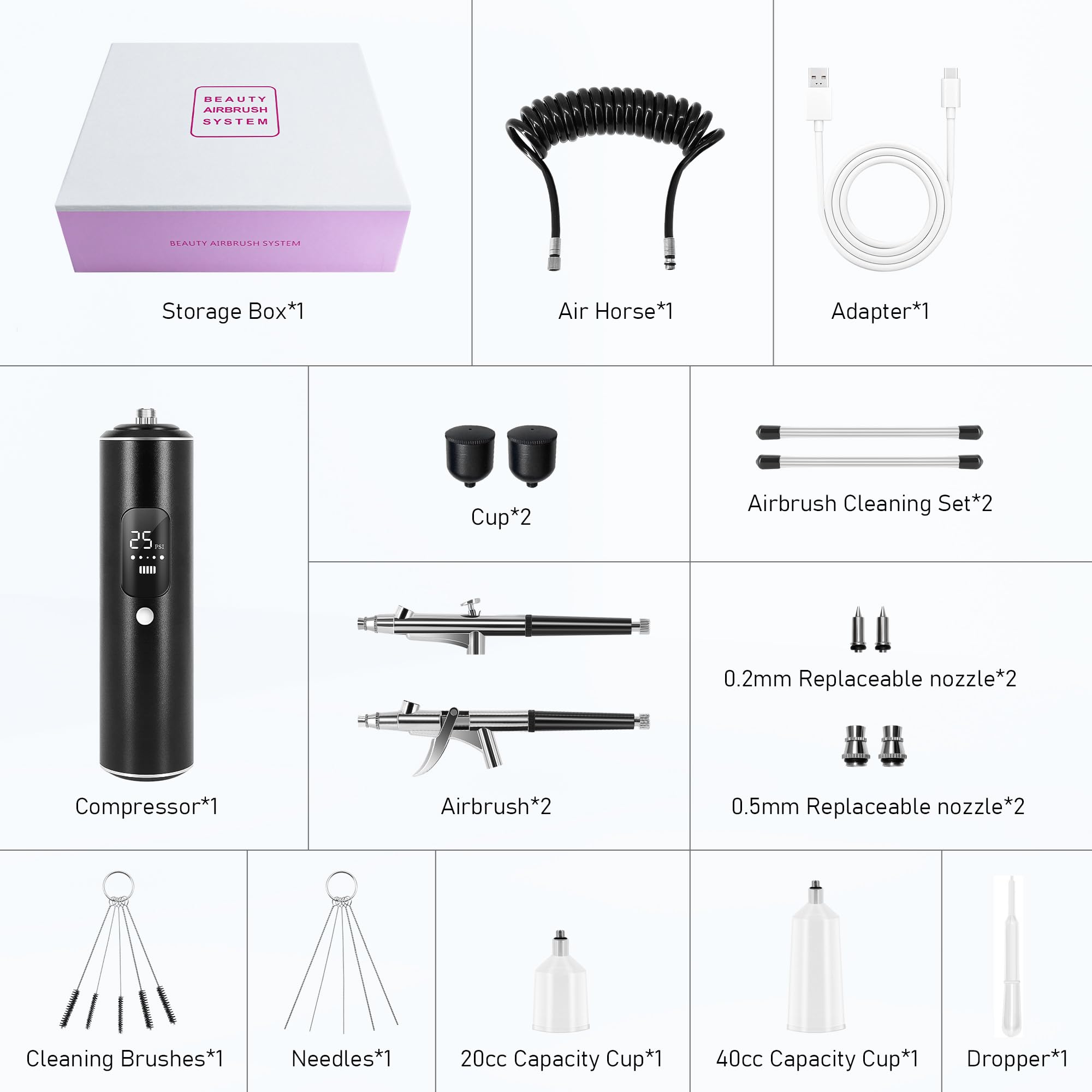 Sure, here is the corrected and grouped text:

- Storage Box*1
- Air Horse*1
- Adapter*1
- Cup*2
- Airbrush Cleaning Set*2
- 0.2mm Replaceable nozzle*2
- Compressor*1
- Airbrush*2
- 0.5mm Replaceable nozzle*2
- Cleaning Brushes*1
- Needles*1
- 20cc Capacity Cup*1
- 40cc Capacity Cup*1
- Dropper*1