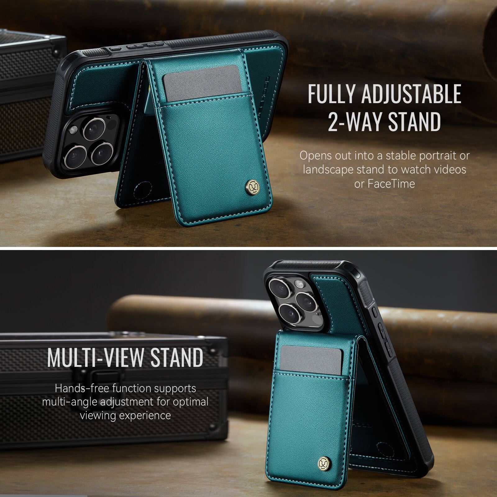 FULLY ADJUSTABLE 2-WAY STAND  
Opens out into a stable portrait or landscape stand to watch videos or FaceTime  

MULTI-VIEW STAND  
Hands-free function supports multi-angle adjustment for optimal viewing experience