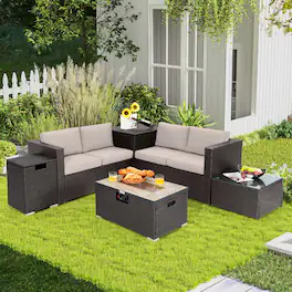 Costway - 6PCS Patio Rattan Furniture Set 32" Fire Pit Table Tank Holder with Cover - Mix Brown & Beige