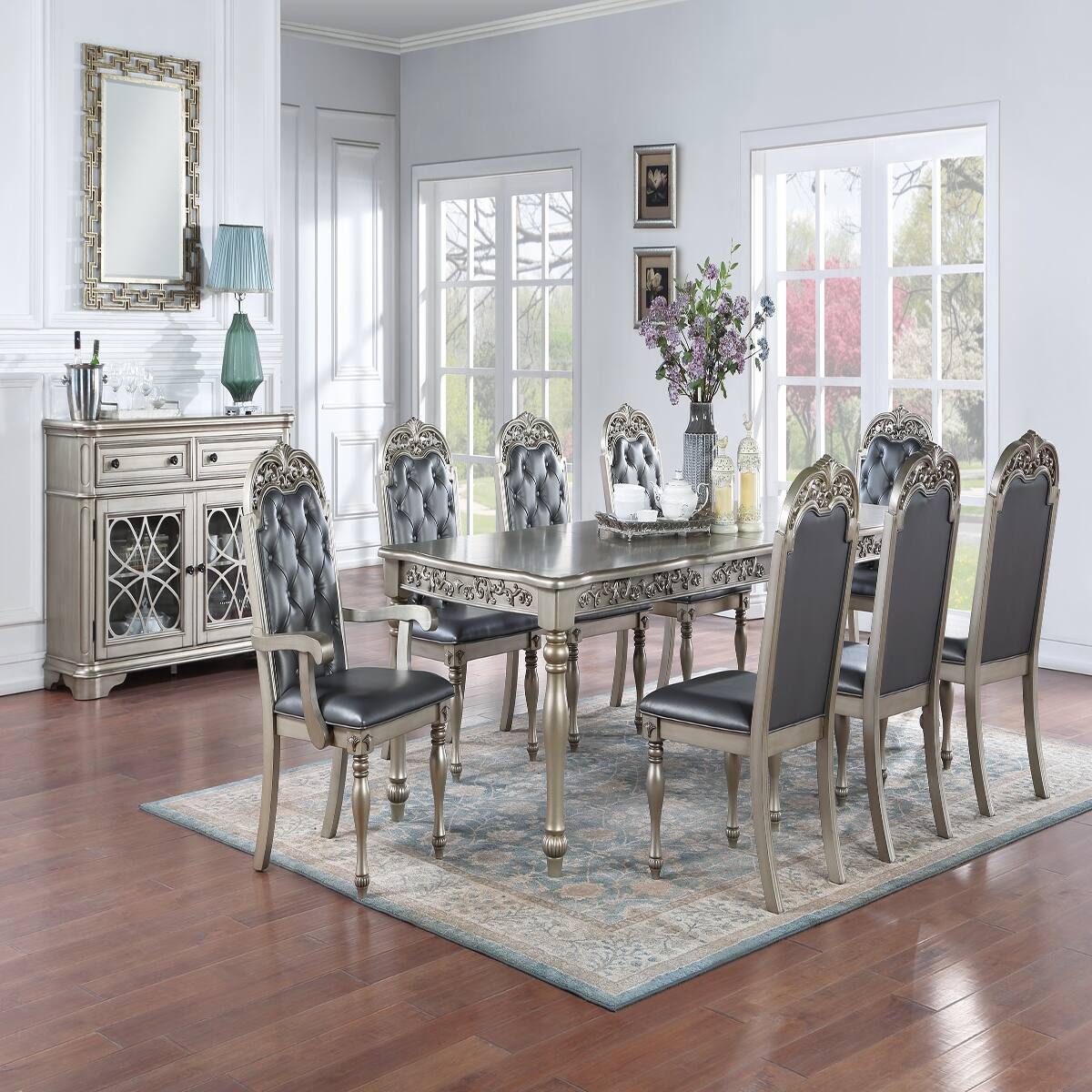 Back. Loheer - Loheer Formal Dining Table with Two Leaves, Rectangular Rubberwood Table in Silver Gray - Silver and Gray.