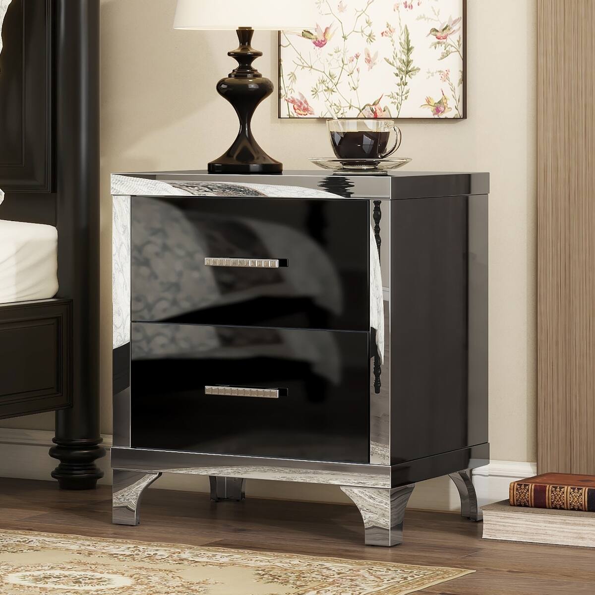 Front. Loheer - Loheer Black Two Drawer Nightstand, High Gloss Mirrored Bedside Table - Black.