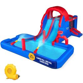 Sunny & Fun - Ultra All-Play Inflatable Water Slide Park with Bounce House, Volley Net & Deep Pool - Blue/Red