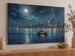 FC Design - Large Canvas 24x36" Ready-to-Hang 24x36" Night City Boat Art Painting Home Wall - MultiColor